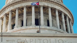 The famous building of the National Capitol in Cuba. HAVANA - DECEMBER 20, 2023: The entrance staircase and the dome of the Capitol in the center of Havana against the background of a blue sunny sky.