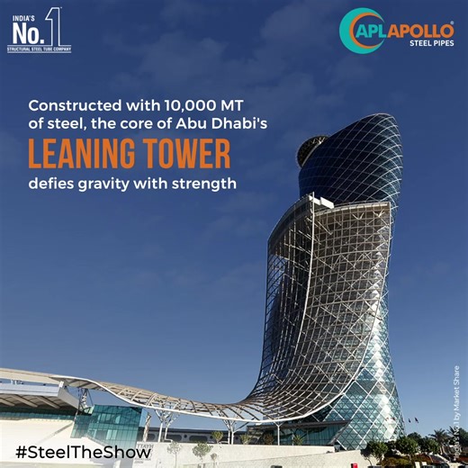 Capital Gate, also known as Abu Dhabi's leaning tower, stands tall as one of the city's tallest structures, showcasing architectural innovation. With an impressive 18° westward incline, surpassing even the Leaning Tower of Pisa, it exemplifies Abu Dhabi's forward-thinking ethos. This masterpiece, made of structural steel, mirrors the skyline, symbolizing the city's commitment to pushing boundaries in architecture and design, embodying innovation and progress. #APLApollo #SteelTheShow #MoreThanSt