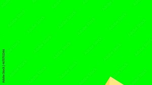 Piece of cheese. Emmental cheese triangle. Swiss cheese, isolated on a green background. Appears at the top, rotates in the center of the screen, and disappears downwards. Chroma key. 2d animation