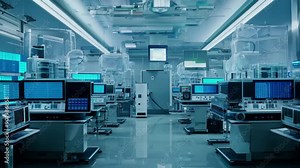 A sterile, modern computer lab filled with rows of identical computer stations featuring screens displaying data. Stock Video