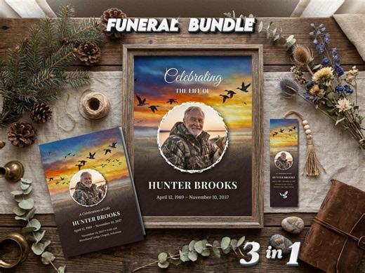 Duck Hunting Funeral Bundle Template, Outdoorsman Celebration of Life Program Sign Bookmark, Canva