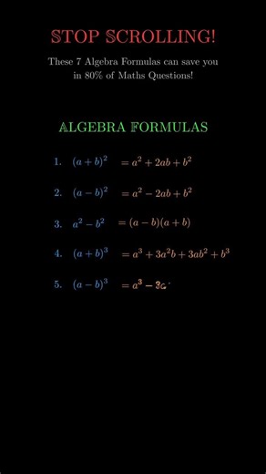 7 Algebra Formulas That Solve 90% of Maths Questions | Fast Revision #shorts #mathematics #ytshorts
