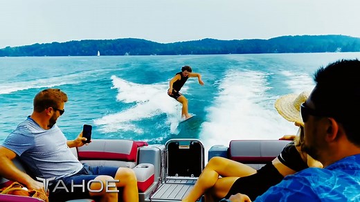 The Tahoe Waketoon combines comfort of a performance pontoon and surfing capabilities of a wakesurf boat. 🏄 Come see this boat in action today! #TahoePontoons #pontoon #surfboat #performance #boating | Tahoe Pontoons