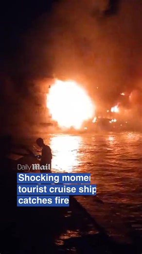 A cruise ship burst into flames on the River Nile, forcing the evacuation of over 200 tourists. Terrifying footage captured the Iberotel Crown Empress engulfed in an orange blaze with flames exploding from the windows as the vessel sailed between Luxor and Edfu, Egypt. The fire is believed to have broken out in the ship's galley at around 6:15pm on Tuesday for reasons which are still being investigated. Read more at DailyMail. #news #cruise #fire #nileriver #scary | Shamim Hossen