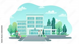 Hospital animation. Parking of building with doctors and nurse. Flat design 2d isolated on white background.