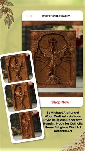 St Michael Archangel Wood Wall Art - Antique Style Religious Decor with Hanging Hook for Catholic...