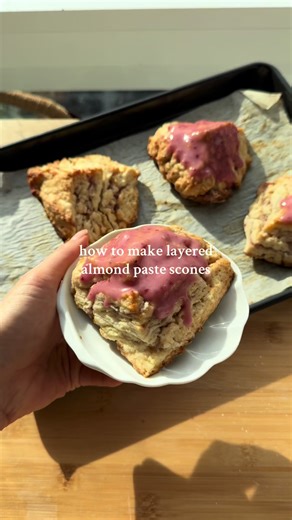 Layered almond paste scones! These are so tender and delicious with layers of almond paste folded into the dough (jam optional but so good). For these, you’ll need: 2 cups all-purpose flour (280g) 1 tbsp baking powder 3 tbsp sugar 1/2 tsp kosher salt 5 tbsp cold unsalted butter, cut into 1/4
