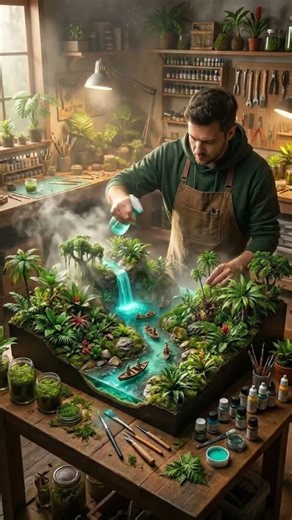 Tiny Jungle Village Diorama With Realistic River Effects