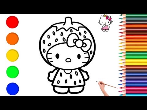 ✨️Easy hello kitty drawing with strawberry costume || How to draw and colour hello kitty 🖌🖍✨️