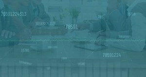 Animation of graphs and changing numbers over diverse board members business meeting in office. Digital composite, multiple exposure, report, finance, growth, digits, communication and abstract.