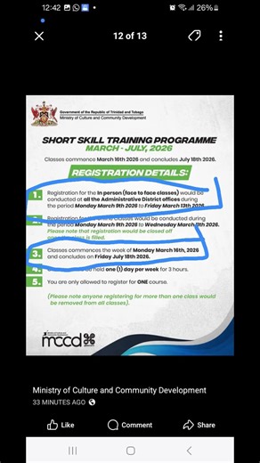 Good morning everyone. Just a reminder that today is registration day for the Community Development courses. You can visit your nearest office under the Ministry of Culture and Community Development, depending on the district you are coming from. The offices open from 8:00 a.m. All courses are completely free, and the only thing you need to walk with is your valid ID card. If you prefer to register online, you can visit the Community Development Facebook page and wait for the registration link t