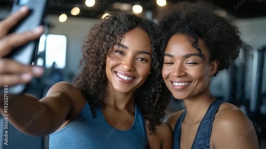 Happy twin sisters taking selfie in gym wearing sportswear, fitness friendship moment, athletic siblings together, workout partner photo, gym social activity, matching exercise