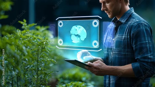 Modern agriculture meets technology as farmer analyzes crop health with advanced digital tools in high tech greenhouse. Innovative holograms, smart farming solutions enhance sustainability