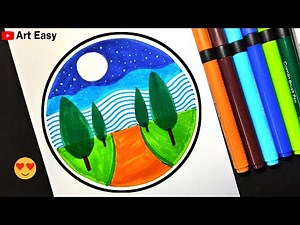Easy Scenery Drawing With Brush Pen For Beginners || Circle Scenery Drawing