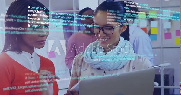 Two women debugging web app on laptop starting scrolling JS code overlay and colleagues observing