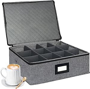 homyfort Mug Coffee Storage Box with Dividers - Stackable Glass China Storage Containers Hard Shell with Lid, Label and Handles, Holds 12 Coffee Mugs and Tea Cups (Dark Grey)