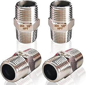 4PCS Hex Stainless Steel Nipple 1/2"NPT Male X 1/2" NPT Male Pipe Fitting 1/2 inch Stainless Steel Pipe Nipples Male Pipe Adapter Fittings Heavy Equal Nipples Connectors