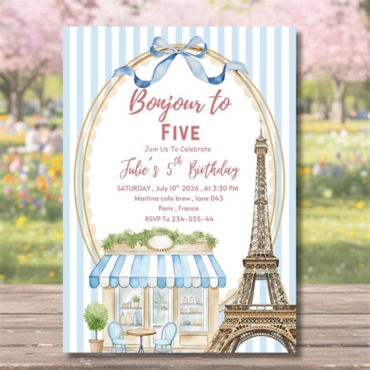 Paris Birthday Invite, Eiffel Tower Birthday Invite,parisian Cafe Birthday Invite, Customized Digital French Paris Theme 5th Birthday Invite - Etsy