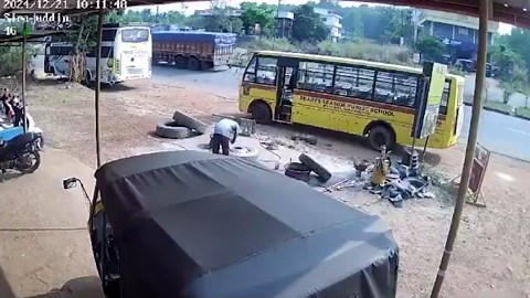 Over-inflated tyre explodes sending mechanic flying through the air