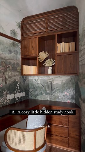 Insitu Design Studio on Instagram: "Use that odd corner to tuck in a study! If we’ve learnt anything from the past two years and lockdown, it’s the importance of a study table or desk. Here’s what we did to create this cost little space— - The apartment is an old one and has multiple odd corners and a long redundant passage. - We sculpted out a small study space with sliding doors. - The use of glass, both fluted and clear gave it both privacy and light. - To bring some personality to the space,