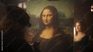 Close Up on The Painting of the Mona Lisa Being Created by Leonardo da Vinci in his Workshop. Renaissance Era Historical Figure and Painter Gently Adding Details to his Masterpiece on the Canvas