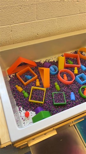 11K views · 64 reactions | New sensory table ✨ We’re using Puffle with Guidecraft colorful shapes + people—perfect for scooping, squishing, pressing pieces in, matching colors, and building little towns. Fine motor + open-ended play = big win. 里 | Preschool Vibes | Facebook