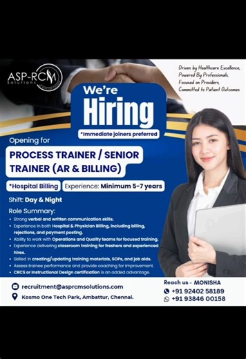 💥ASP RCM Hiring AR/Billing Process Trainer @Chennai #US Healthcare RCM