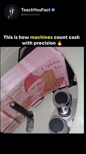 teachyoufact on Instagram: "The post features a 21-second close-up video of a high-speed money counting machine rapidly flipping through a thick stack of 100 PKR notes using friction-based rubber rollers. The bills glide forward in perfect rhythm, separated one by one at lightning speed creating that oddly satisfying mechanical precision people love watching. The machine works through a friction-feed mechanism that pulls each note individually while optical and magnetic sensors scan size, thickn