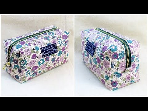 ボックスポーチ作り方 型紙作り方 How to sew a zipper box pouch 裏地付き 縫い代の見えない作り方　30cmファスナー使用
