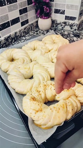 Fluffy Pastry Delight Ingredients: 1.5 cups warm milk 0.5 cup warm water 0.5 cup vegetable oil 1 egg white 1 packet (2.25 tsp) dry yeast 2 tbsp sugar 5.5 cups all-purpose flour 1 tsp salt 7 tbsp butter (for greasing) 1 egg yolk 1 tbsp milk (for topping) Instructions: Mix warm milk, water, oil, egg white, yeast, and sugar in a bowl. Add flour and salt; knead into a soft dough. Cover and let rise for 1 hour. Shape dough, grease edges with butter, and place on a baking sheet. Brush with egg yolk an