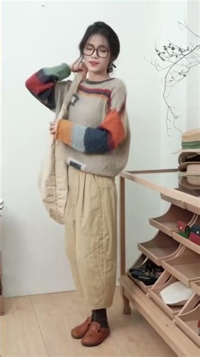 Vintage rainbow stripe oversized mohair sweater with khaki balloon cargo pants