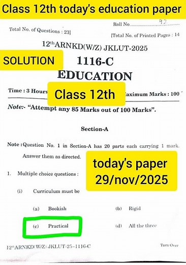 🔴 JKBOSE Class 12th Education Paper Solution 2025 | Today’s Exam Full Solved 🔥