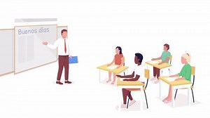 Animated Spanish language lesson. Studying characters. School class. Full body flat peoplewith alpha channel transparency. Colorful cartoon style HD video footage. Spanish text good morning