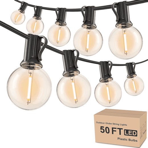Yuucio 50ft Outdoor String Lights, G40 LED Patio Lights with 25 1 Spare Bulbs, Waterproof Shatterproof Dimmable Hanging Lights for Backyard Garden Porch