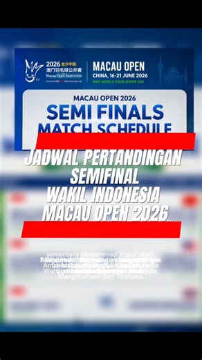 Macau Open 2026 Semifinal Schedule: Three Indonesian Representatives Hunt for a Final Spot!