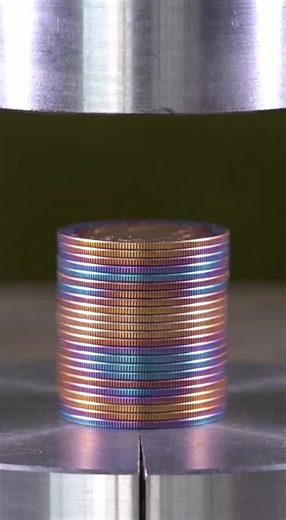 Nic Davis on Instagram: "Watch a towering stack of heat-treated U.S. quarters transform under extreme pressure! Each coin glows with stunning oxidation colors—from straw gold to electric blue—as the hydraulic press slowly compresses them into a flattened disc. Oil oozes between the layers as metal groans and deforms in this ultimate ASMR moment."