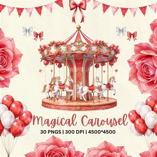 Carousel PNG Bundle, Vintage Merry Go Round Clipart, Circus Party Art, Pink Festive Graphics, Elegant Event Designs - Etsy