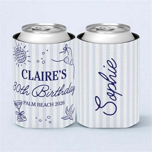 Custom Beach Birthday Can Cooler 30th 40th 50th 60th Coastal Party Favors Birthday Can Koozies Birthday Beach Girls Trip Personalized Gifts - Etsy