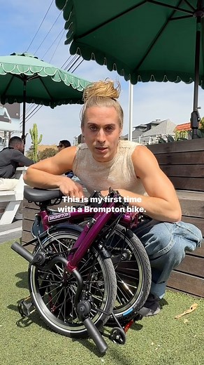 3.8K views · 163 reactions | One minute you’re learning how to unfold the bike. Next minute you’re riding off into the sunset.  Gregory tries out the Amethyst Lacquer C Line 12 speed in LA. | Brompton Bicycle | Facebook