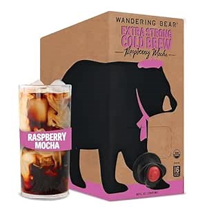 Wandering Bear Organic Raspberry Mocha Cold Brew Coffee On Tap, Iced Coffee, 96 fl oz - Extra Strong, Smooth, Unsweetened, Shelf-Stable, Ready to Drink Iced Coffee, Raspberry Mocha Coffee