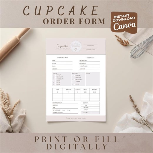 Cupcake Order Form for Bakeries | Editable Canva Template for Print or Digital Use - Etsy Australia