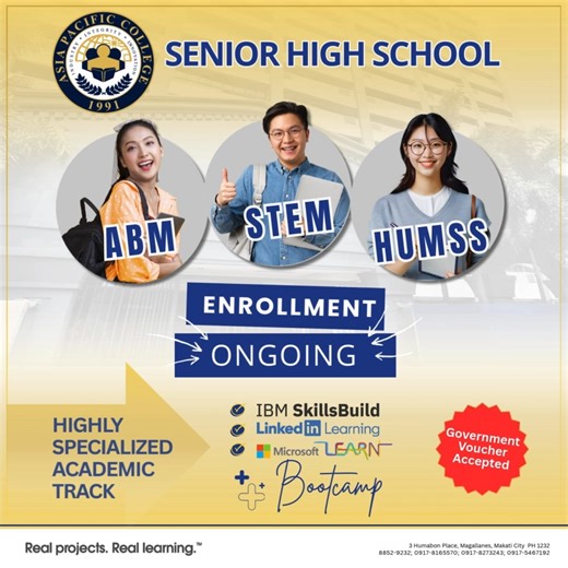 Built with industry, designed for employability. Asia Pacific College (APC) Senior High School prepares students for college, careers, and life through industry-aligned learning, technology integration, and real-world experiences shaping confident, future-ready learners from the start. Learn more about APC by connecting with our Career Counselor. One of our counselors will reach out to you via call (Viber) or text message. Please access the link below https://bit.ly/APC-Admissions_Inquiry #APCRa
