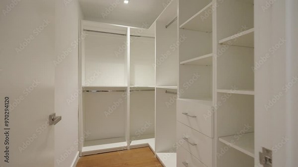 Well-lighted wardrobe with open doors, revealing shelves, drawers and hanging space. White and organized cabinet with clean and minimalist design