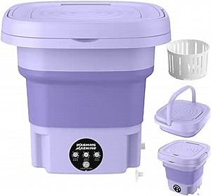 8L Portable Washing Machine,Folding Mini Washer Machine with Blue Light Drain Basket,3 Levels Timing Vibration Wave Foldable Laundry Bucket for Camping, Travel Purple