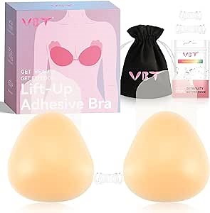 VBT Adhesive Bra Lift - Strapless Sticky Bra for Women Push Up Invisible, Reusable Stick on Bra Nipple Covers Self Silicone Braless Bra (Medium, Begie) Beige