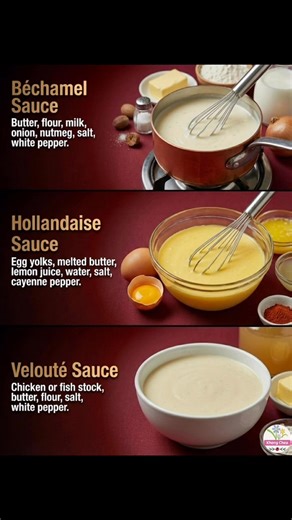3 Classic French Mother Sauces (Full Recipes) 1) Béchamel Sauce (Creamy White Sauce) Ingredients Unsalted butter 3 tbsp (45 g) All-purpose flour 3 tbsp (25–30 g) Whole milk 2 cups (480 ml), warm Onion 2–3 slices (or 1 small wedge) Nutmeg 1/8 tsp, freshly grated (optional) Salt 1/2 tsp, or to taste White pepper 1/4 tsp, or to taste Instructions 1. Warm the milk (hot but not boiling). Add the onion to the milk to lightly infuse for 5 minutes, then remove (optional but classic). 2. In a saucepan ov