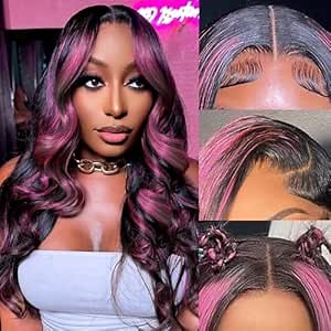 Avolo Ombre Lace Front Wig Human Hair 1B/Pink 13x4 Skunk Stripe Highlight Colored Wigs 180% Density 22 Inch