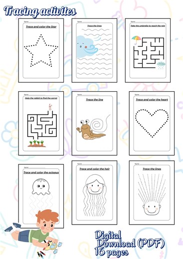 Pre-writing Exercises for Children: Line Tracing Worksheets (downloadable PDF File) - Etsy