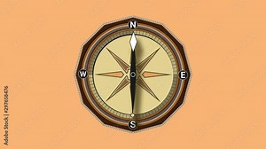 Compass spinning 4K animation. Geography navigation pointing equipment with magnetic hand, wind rose and guide scale. Old GPS nautical topography instrument of mapping orientation