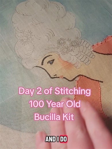 I continued embroidering my 1926 bucilla Boudoir pillow kit today. I've had to make a lot of historical inferences because I don't have the instructions for this kit, and basing my stitching decisions largely on the black and white photo on the front of the package and other 1920s era society silks. Today I added French knots and a lazy Daisy mouth. Make sure to follow me to see what I do tomorrow! #bucilla #embroidery #antiqueembroidery #antiquetextiles #1920s